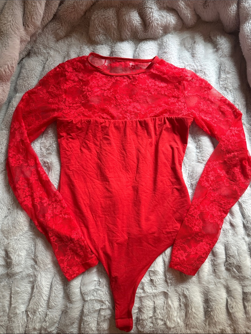 Red Lace Long-Sleeve Bodysuit - Women Tops